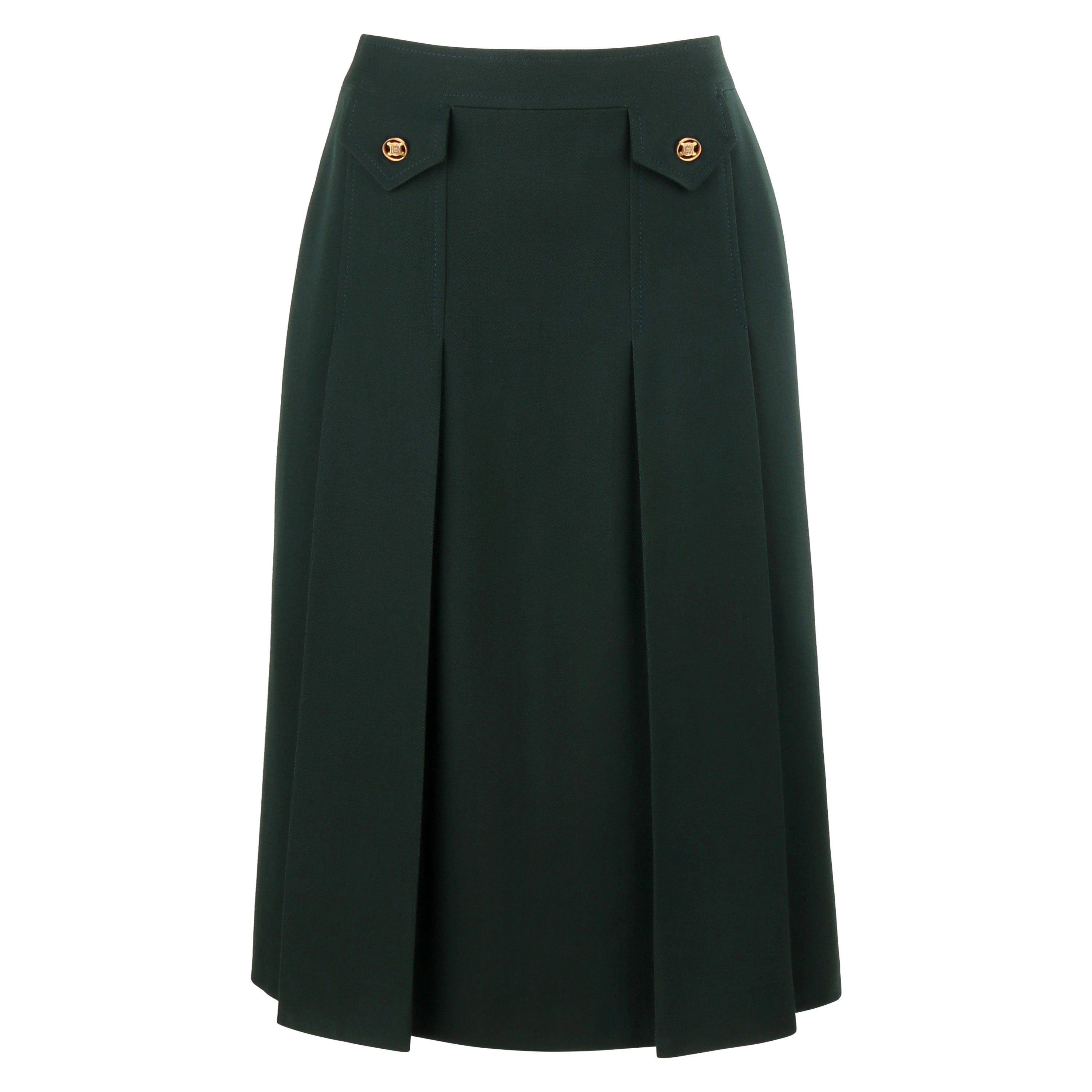 CELINE PARIS c.1970's Forest Green Wool Box Pleated A-Line Midi Skirt For Sale