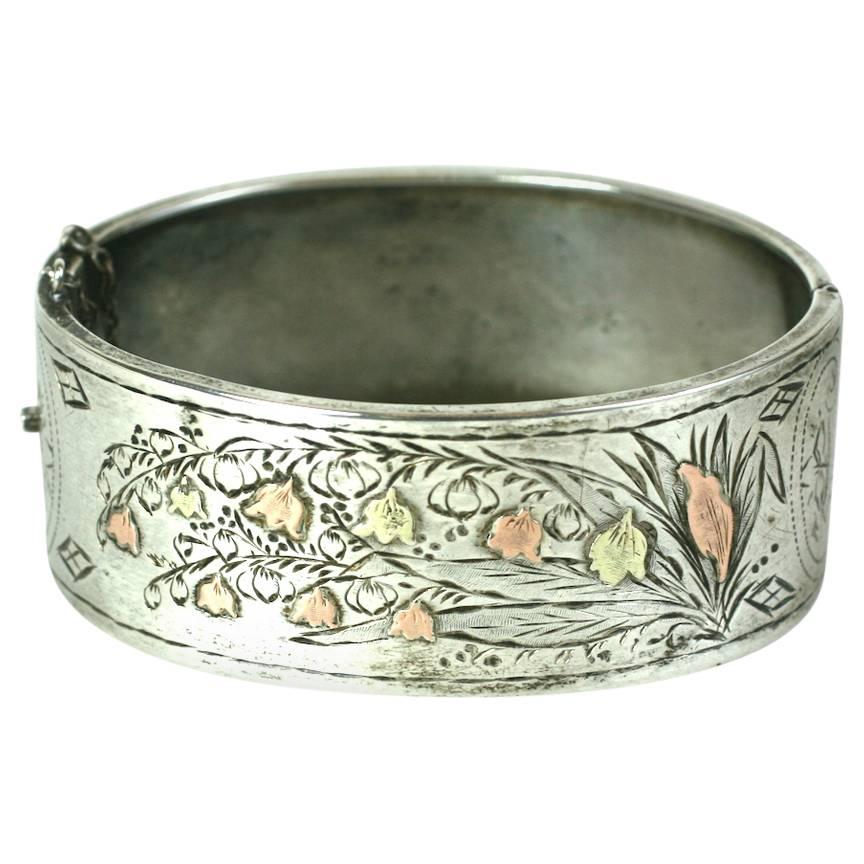 Victorian Mixed Metal Lily of the Valley Bangle For Sale