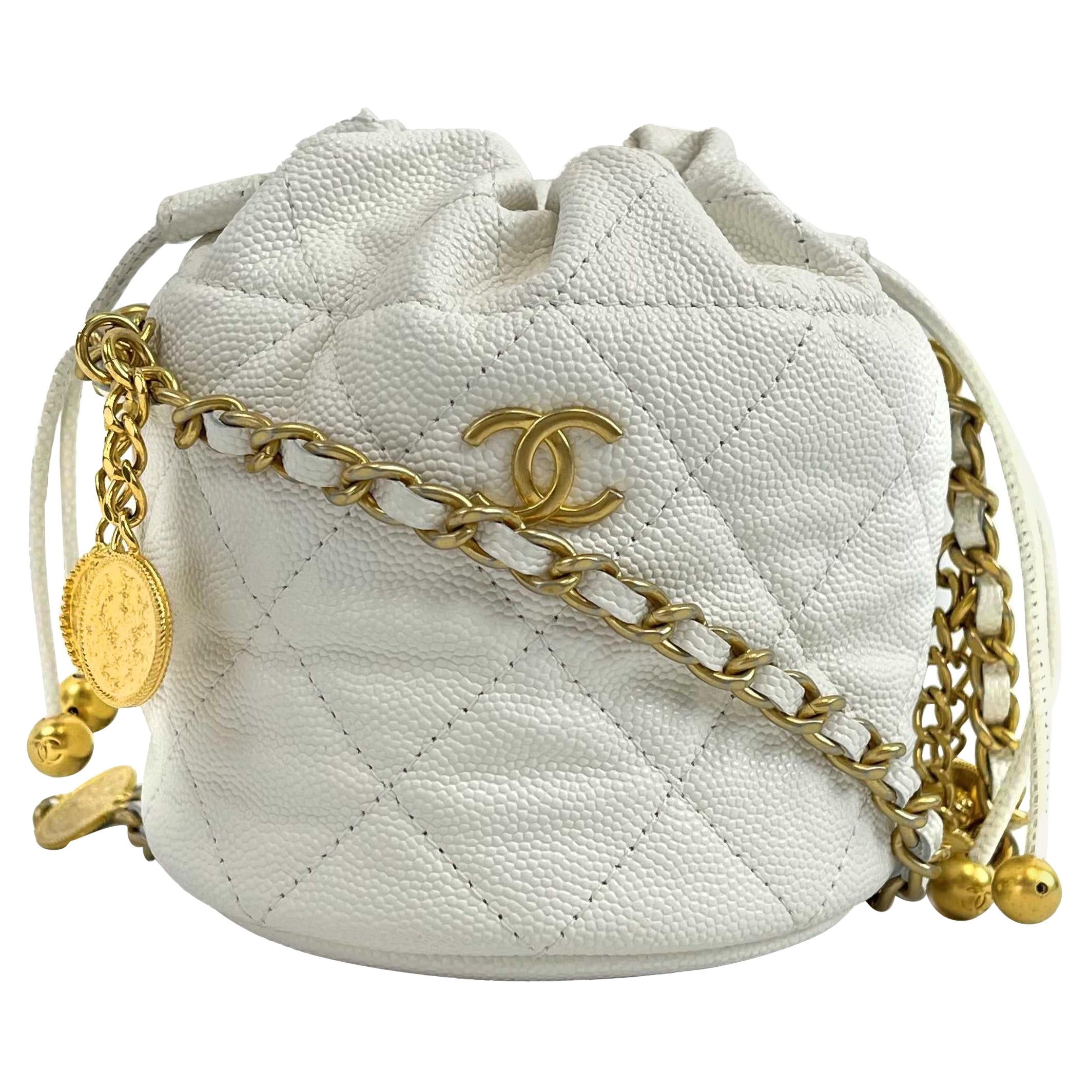 CHANEL - NEW Mini Bucket Bag - White Caviar Leather / Gold 10 Coins CC Crossbody For Sale