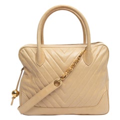 Chanel Women's Vintage Chevron Gold Hardware Top Handle Bag Beige