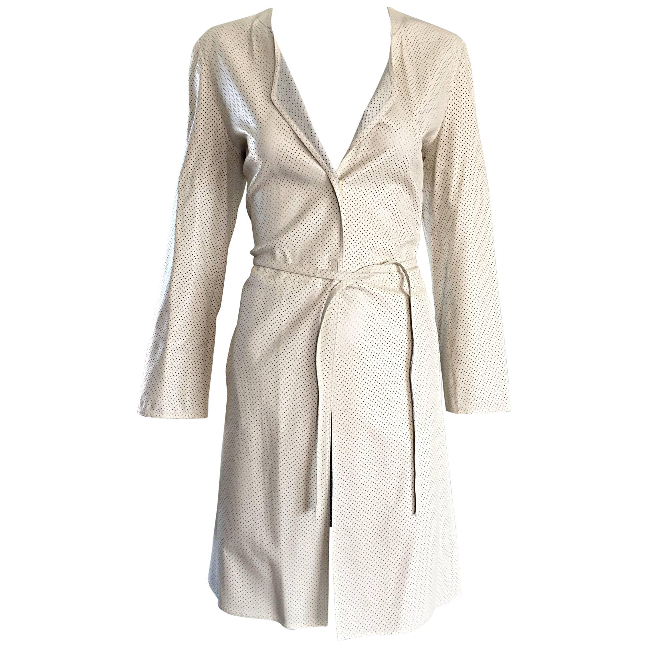 Vintage Giorgio Armani 1990s Ivory Beige Perforated Leather 90s Trench Jacket  For Sale