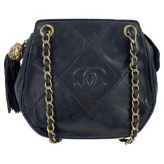 CHANEL- Mini Tassel Crossbody Bag - Navy Blue CC Tassel Diamond Quilted Leather