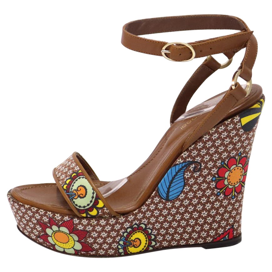 Sergio Rossi Multicolor Printed Leather Ankle-Wrap Sandals Size EU 37 For Sale
