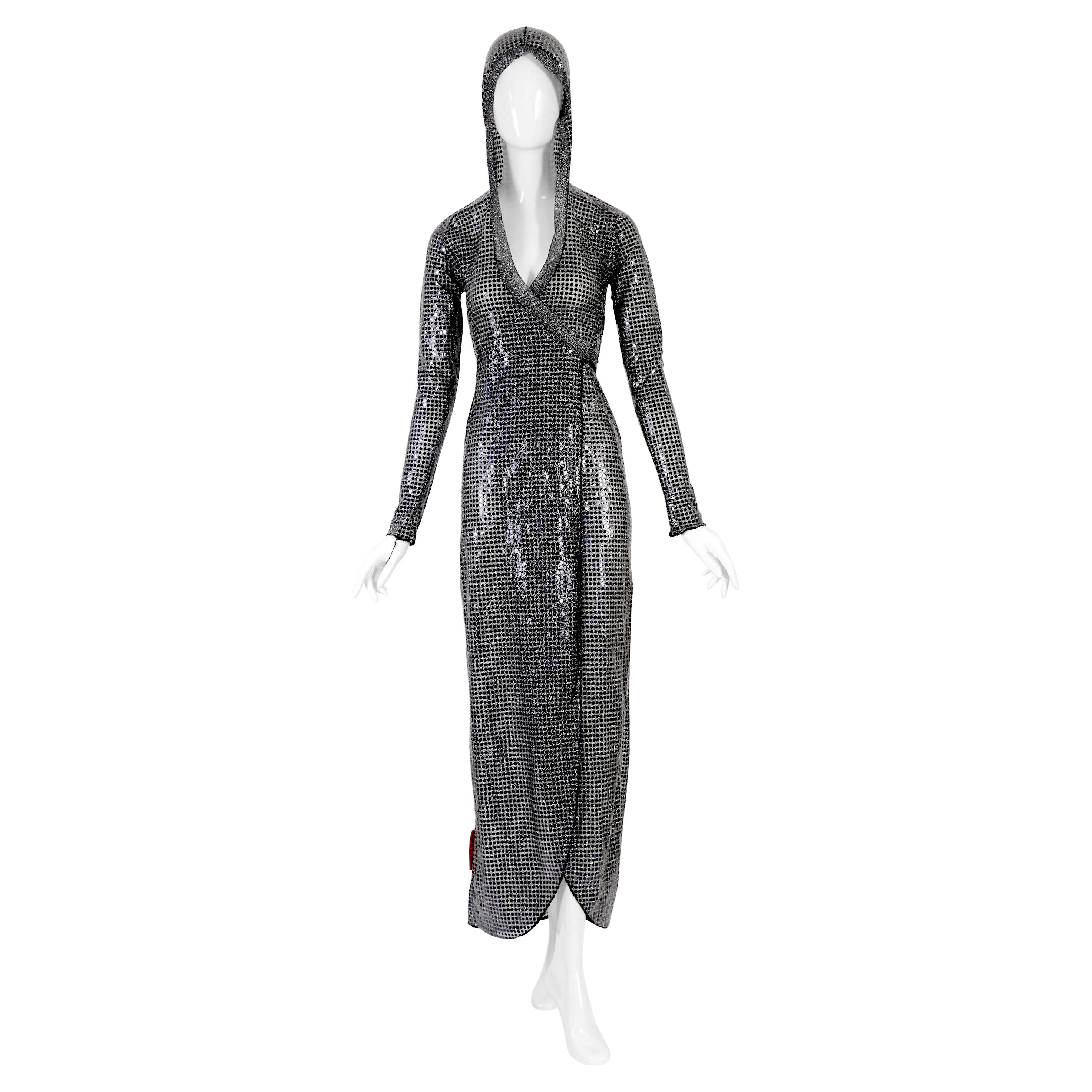 XULY BET vintage 1990s silver sequin stretch hooded wrap dress