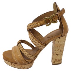 Chloé Tan Leather Braided Wooden Platform Sandals EU 37