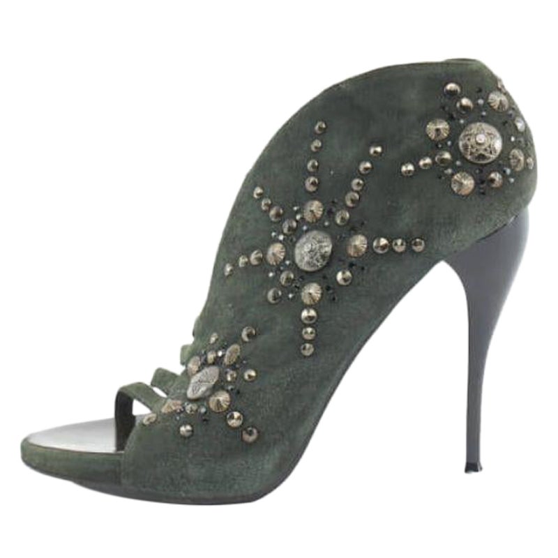 Green Suede Studded Open Toe Heels Size IT 39.5 For Sale