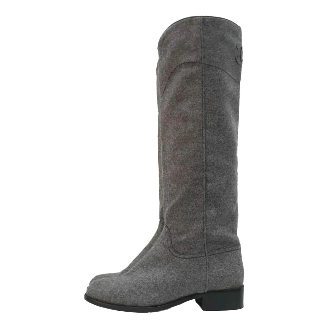 Chanel Gray Wool CC Logo Riding Boots