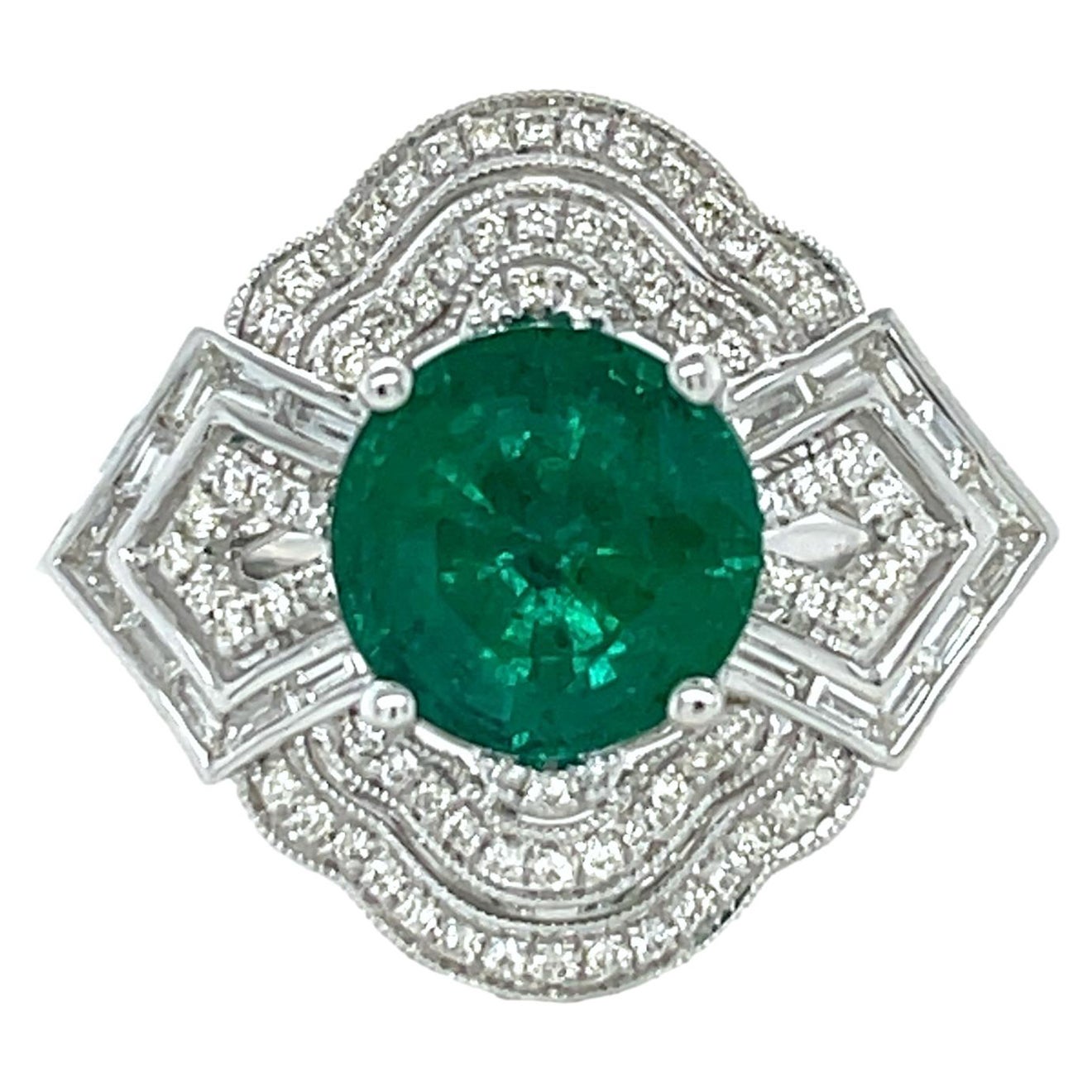 4.38 ct Natural Emerald and Diamond Ring in 14K White Gold 