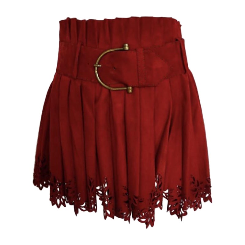 Alexander McQueen Spring 2003 Red Cutout Leather Mini Skirt (Look 7) For Sale