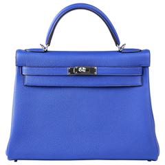 Hermes Kelly 32cm Bag Blue Electric Palladium Hardware JaneFinds