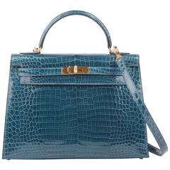 Hermes Kelly 32cm Bag Blue Roi Porosus Crocodile Gold hardware JaneFinds