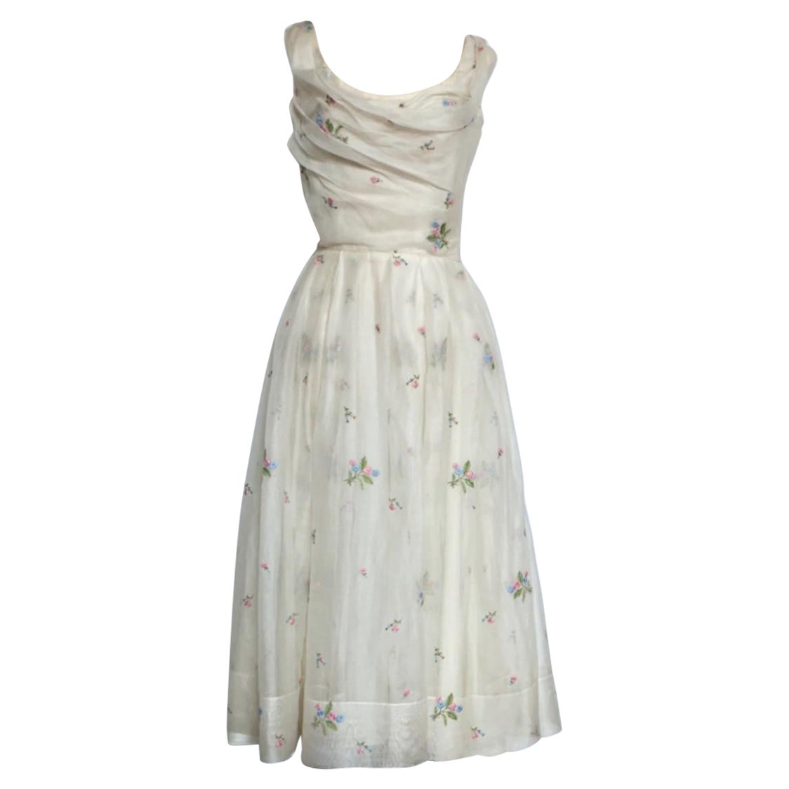 Ceil Chapman 1950's White Linen Dress with Embroidered Flowers For Sale