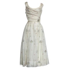 Ceil Chapman 1950's White Linen Dress with Embroidered Flowers