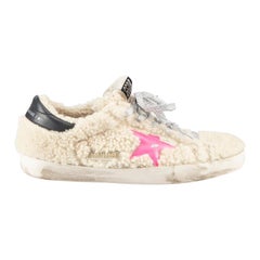Cream Shearling Distressed Accent Superstar Trainers Size IT 40