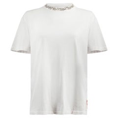 White Cotton Distressed Crystal Accent Neckline T-Shirt Size M