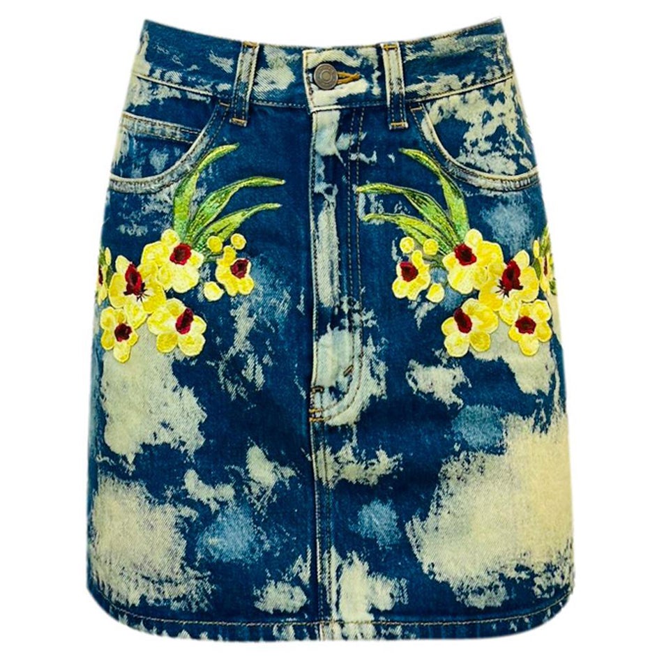 Gucci Denim Cotton Embroidered Skirt For Sale