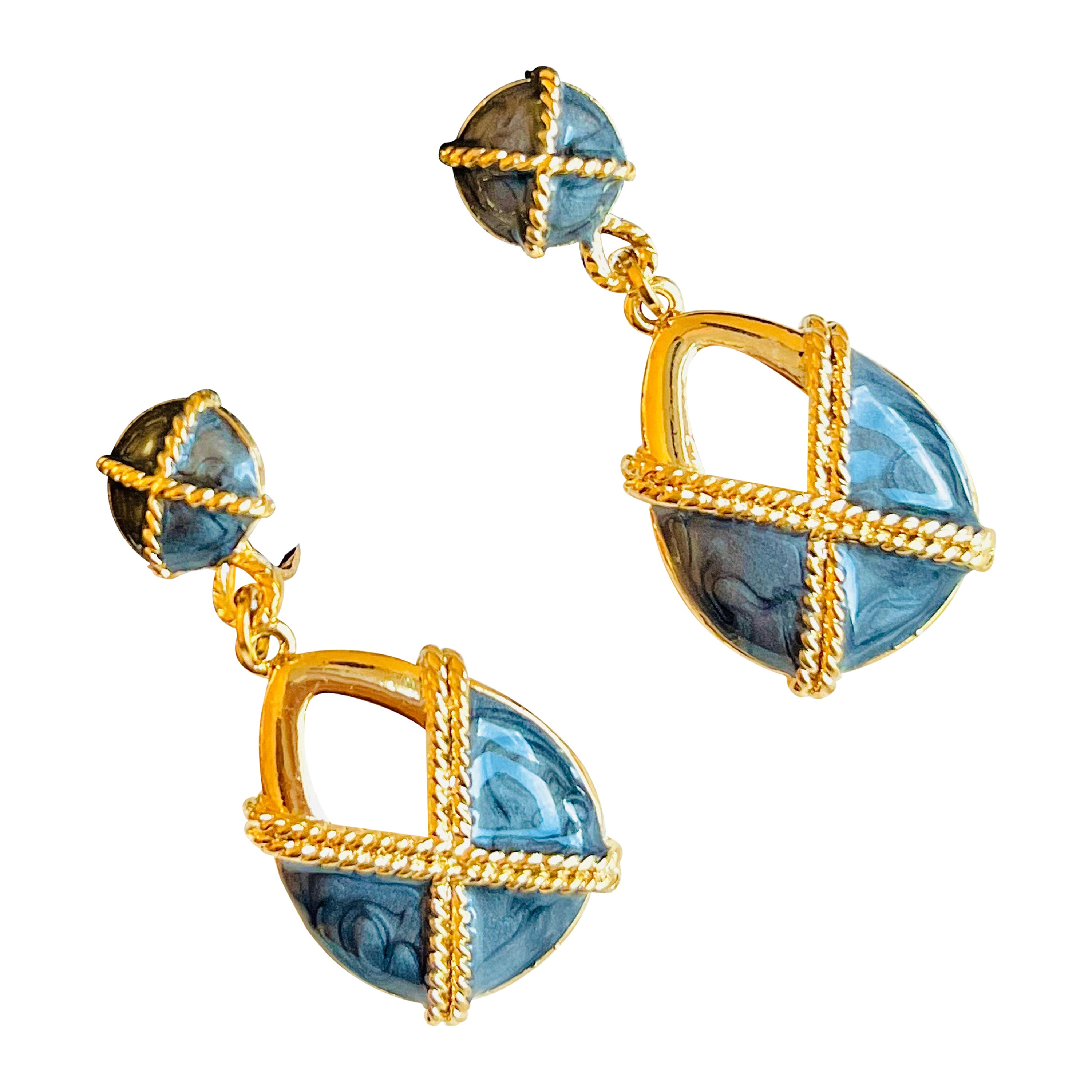 Baroque Cross Ripple Deep Grey Enamel Openwork Tear Drop Gold Clip Earrings For Sale