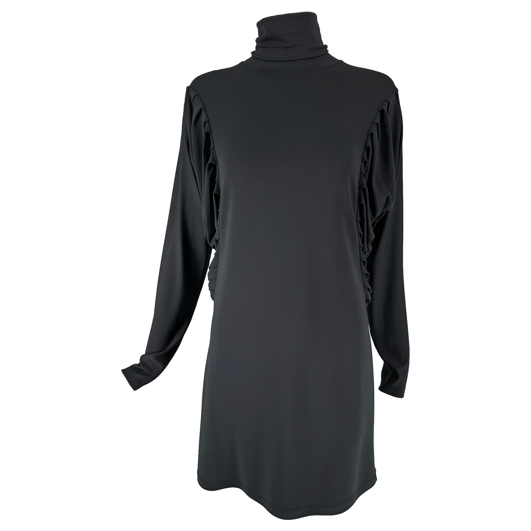Fendi Silky Black Jersey Pleated Bat Wing Turtle Neck Dress 40 For Sale