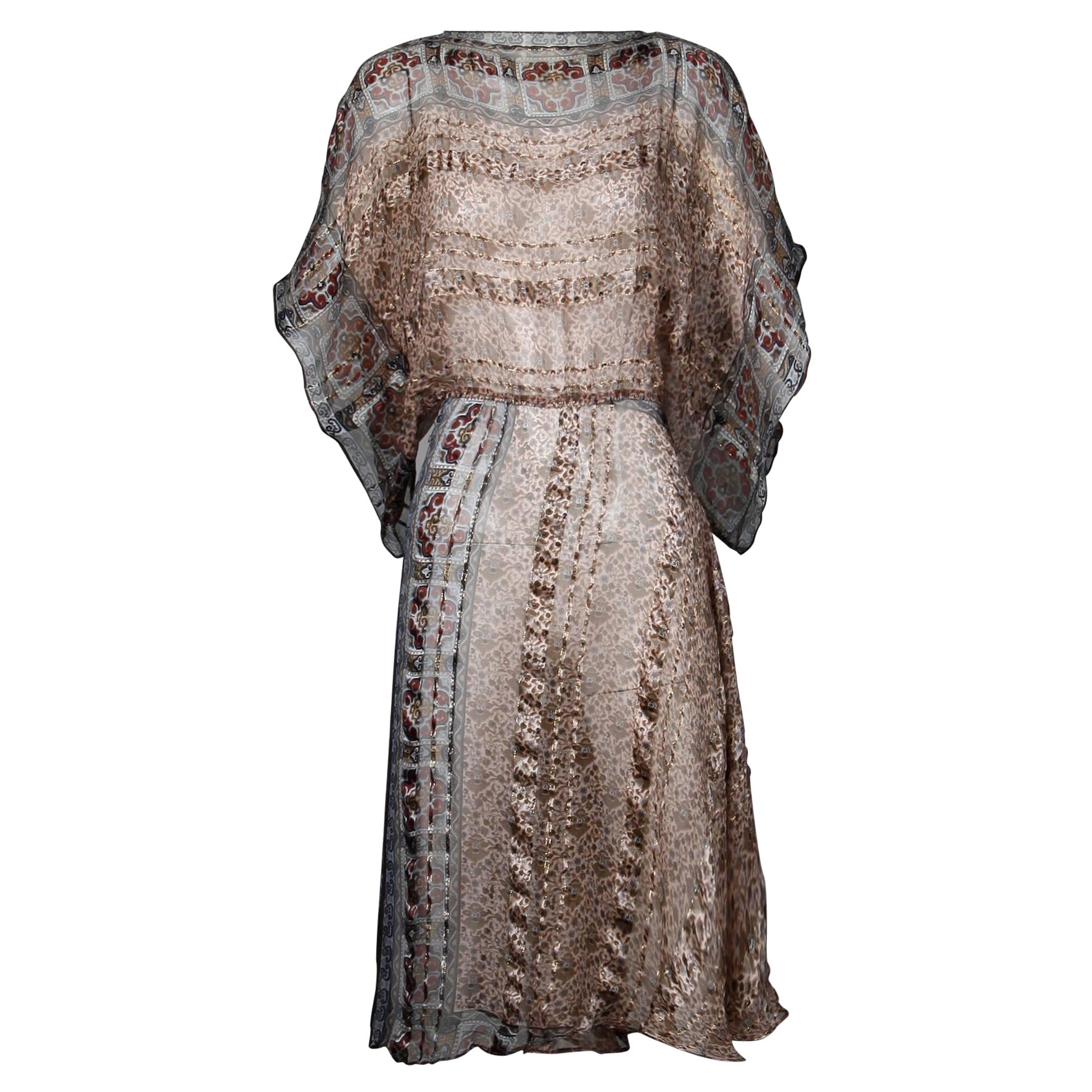 1970s Vintage Metallic Paper Thin Indian Print Silk Dress with Batwing Sleeves For Sale