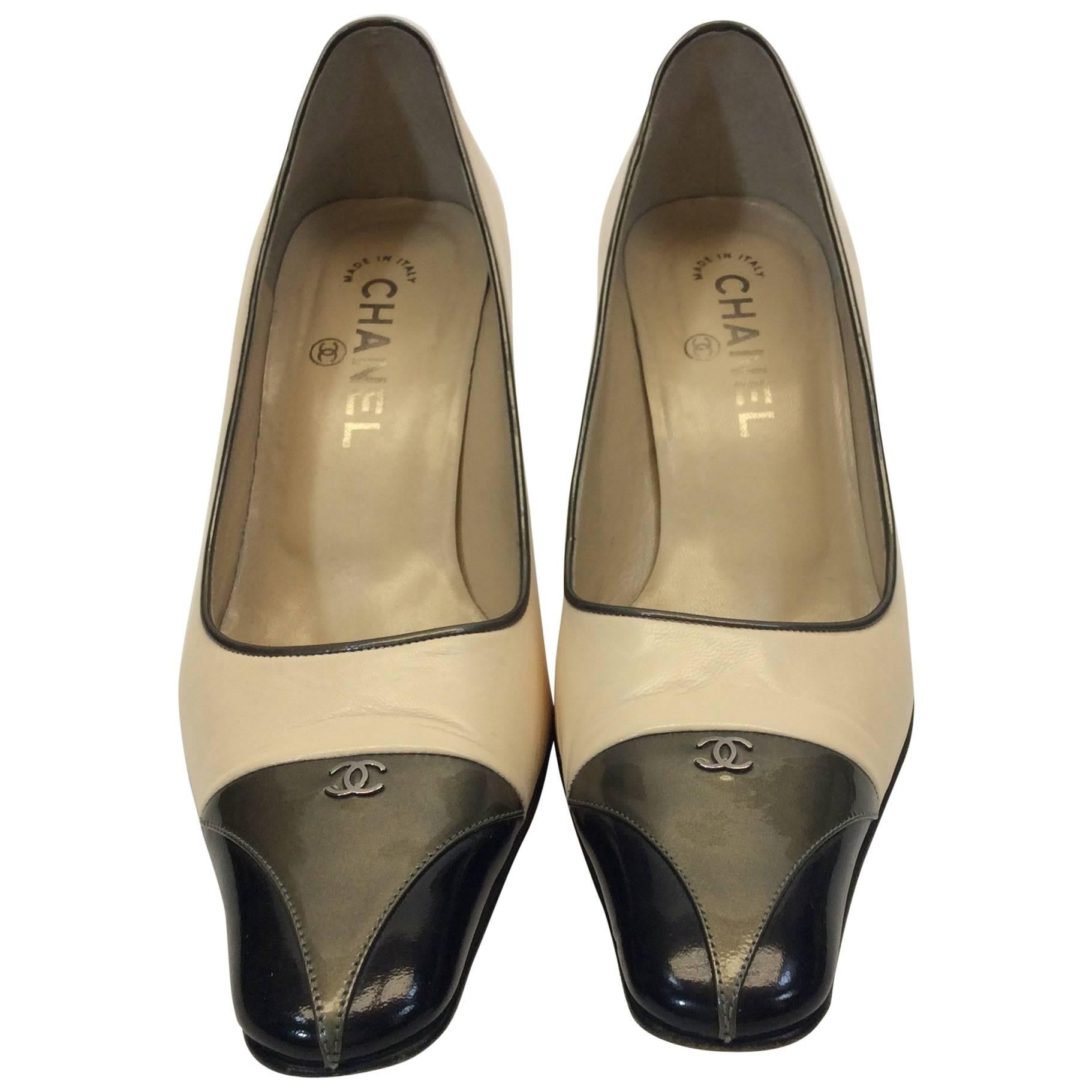 Chanel Tan Leather with Patent Leather Olive/Black Cap Toe Heel  For Sale