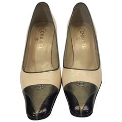 Chanel Tan Leather with Patent Leather Olive/Black Cap Toe Heel 