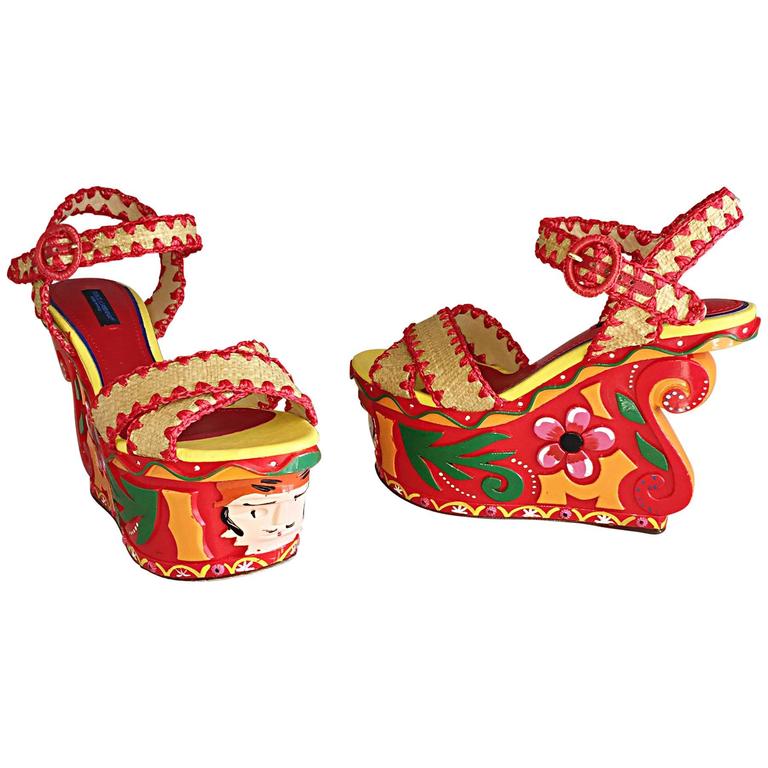 Rare Dolce and Gabbana Runway Tiki Hand Painted SS13 Never Worn Wedges /  Shoes 37 at 1stDibs