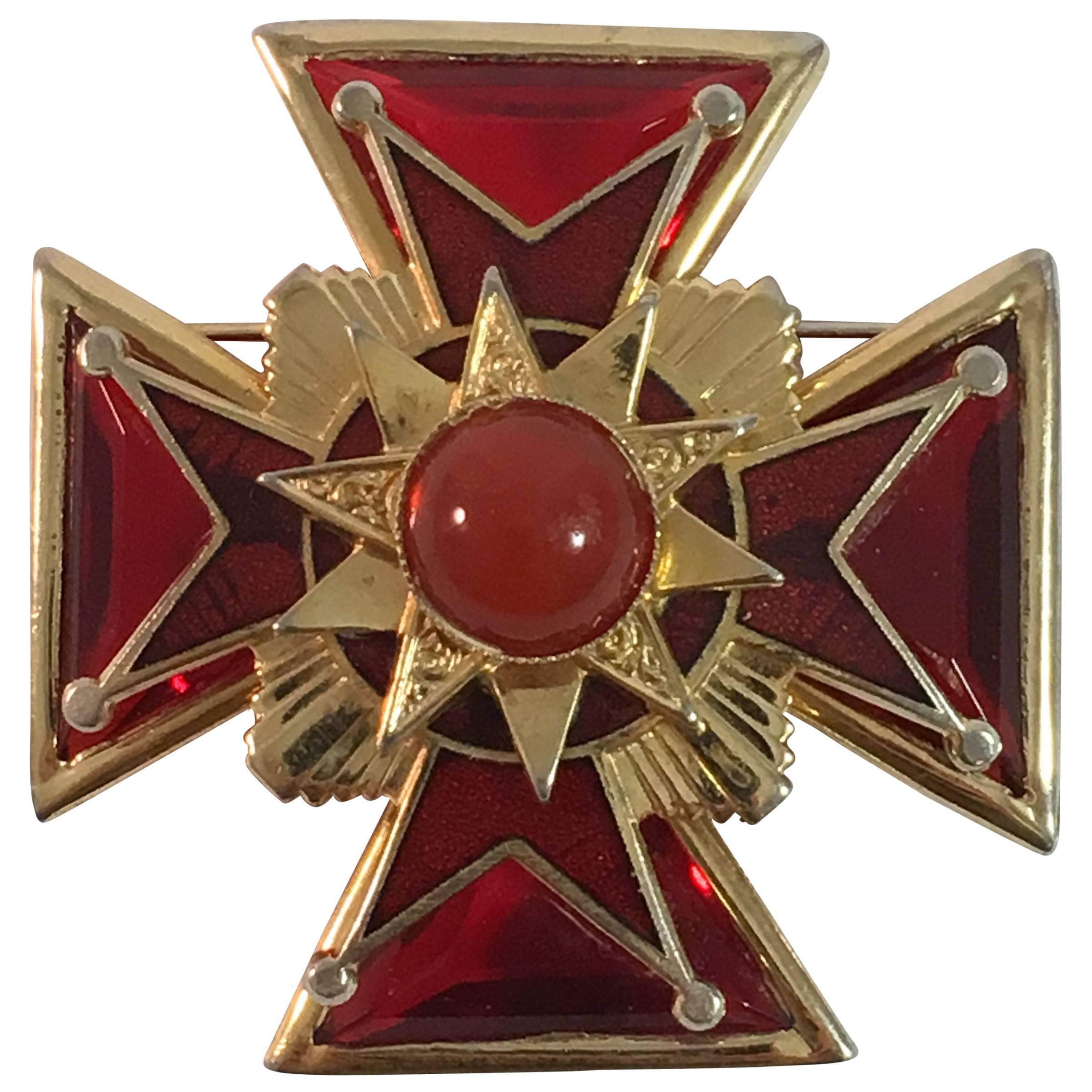 1960s Accessocraft Goldtone and Red Glass Maltese Cross Brooch