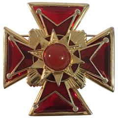 Vintage 1960s Accessocraft Goldtone and Red Glass Maltese Cross Brooch