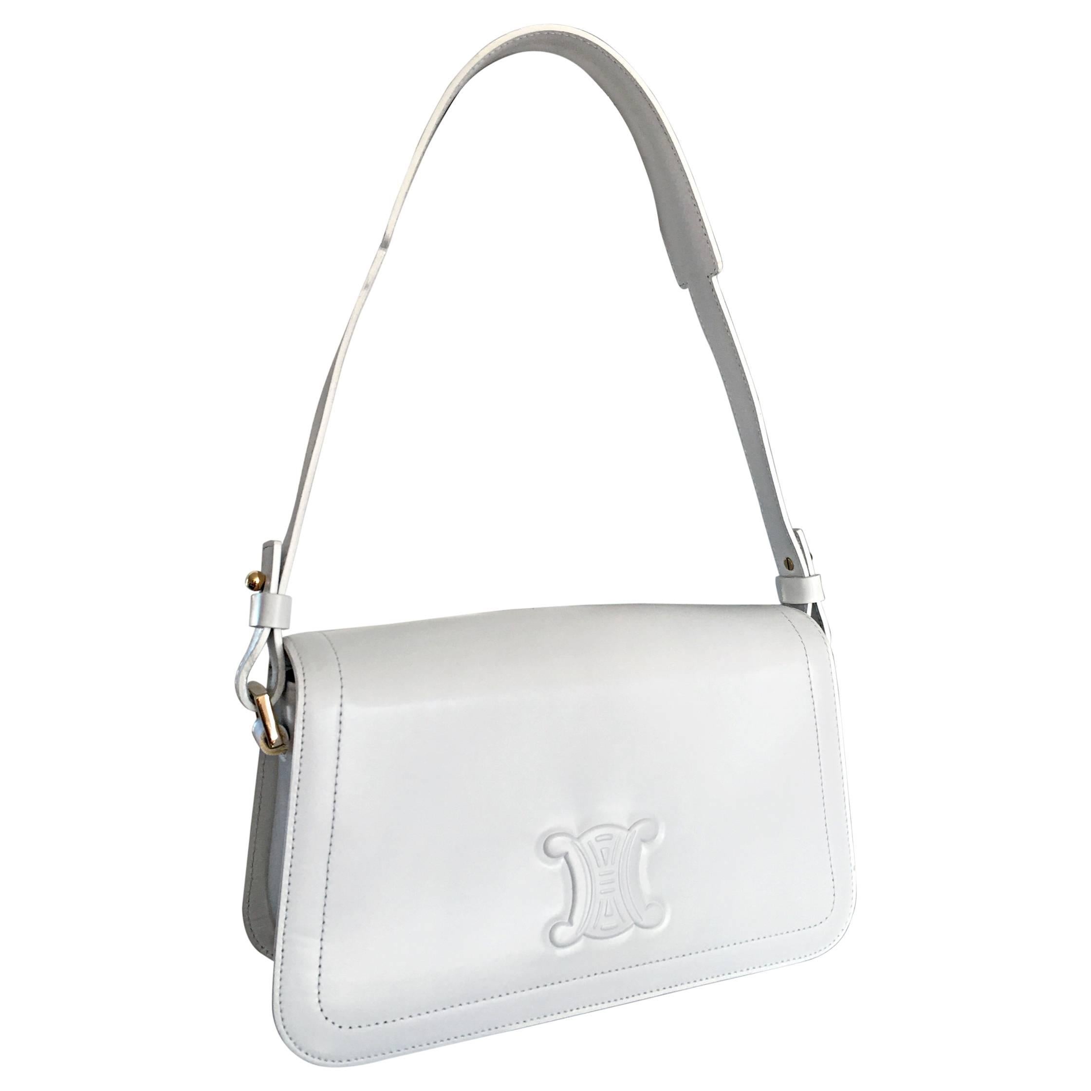 Vintage Celine New White Leather Structured Shoulder Bag Convertible Clutch 