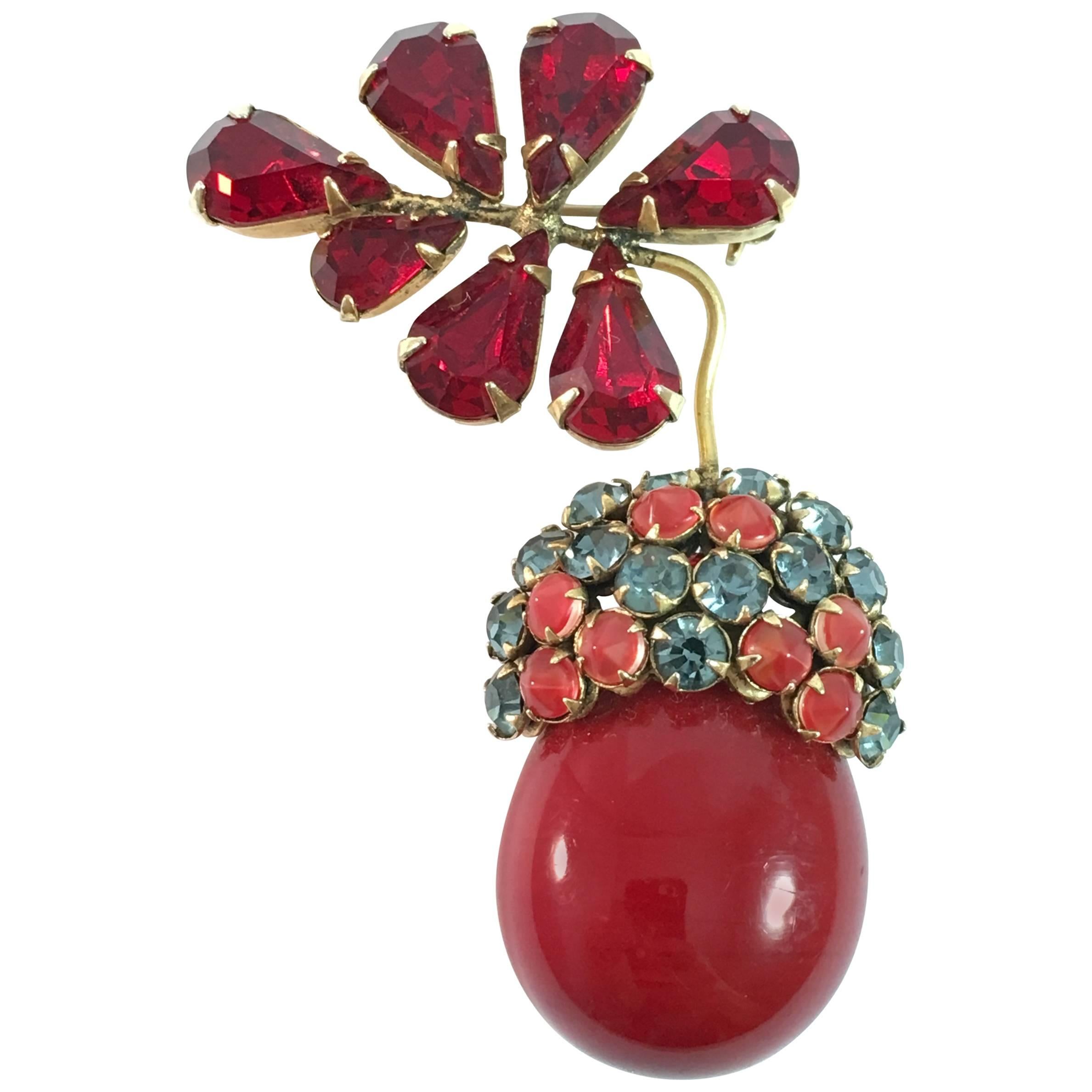 1950s Schreiner Goldtone Red Acorn Brooch