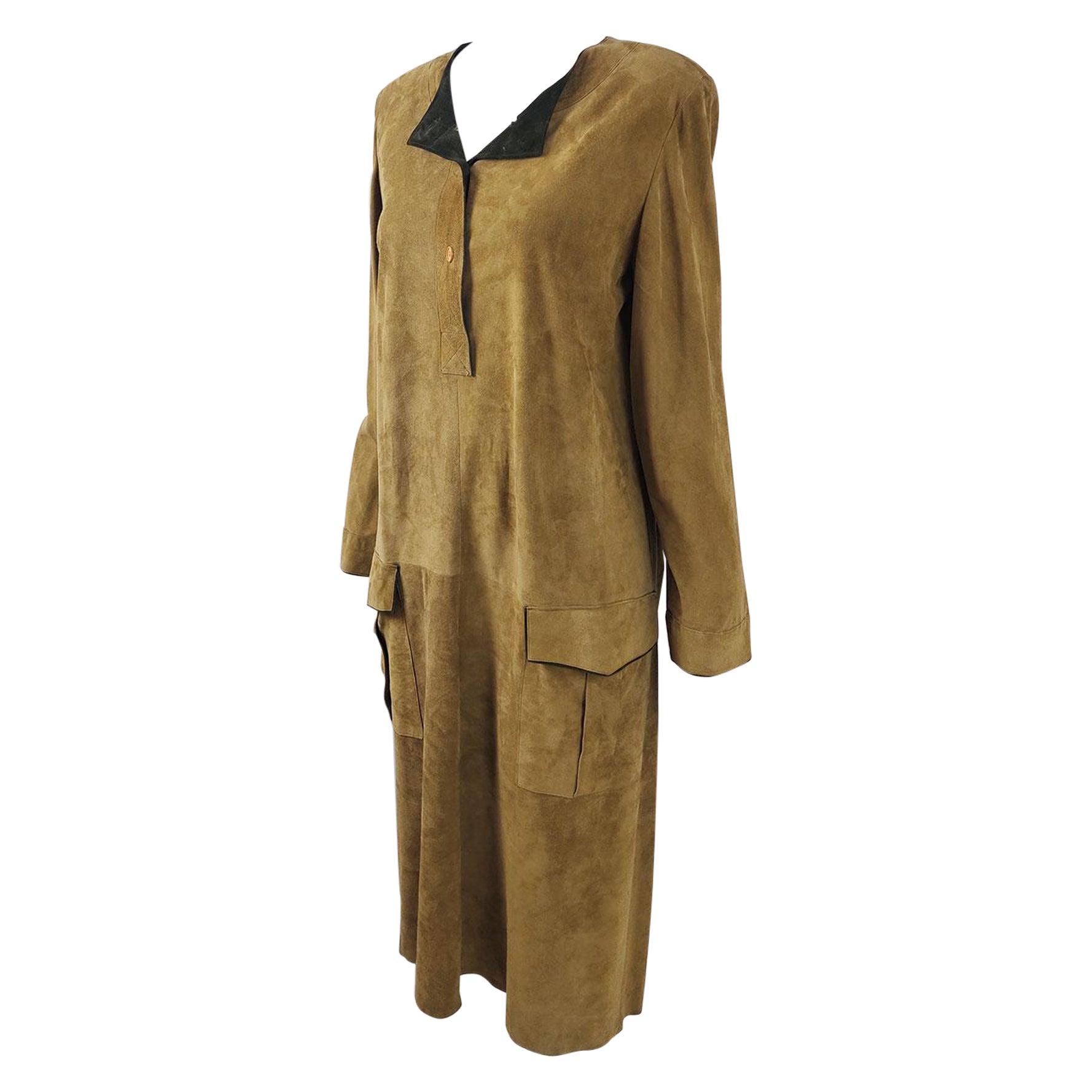 Mario Valentino Vintage Tan & Green Suede Long Sleeve Shift Dress For Sale