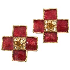 1980s Yves Saint Laurent Red Cross Clip On Earrings