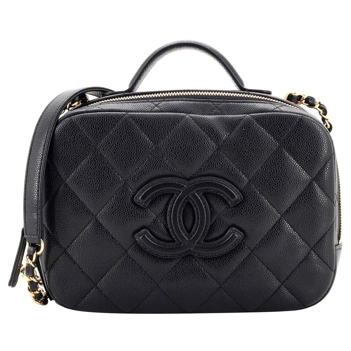 Chanel CC Top Handle Zip Around Vanity Case with Chain Quilted