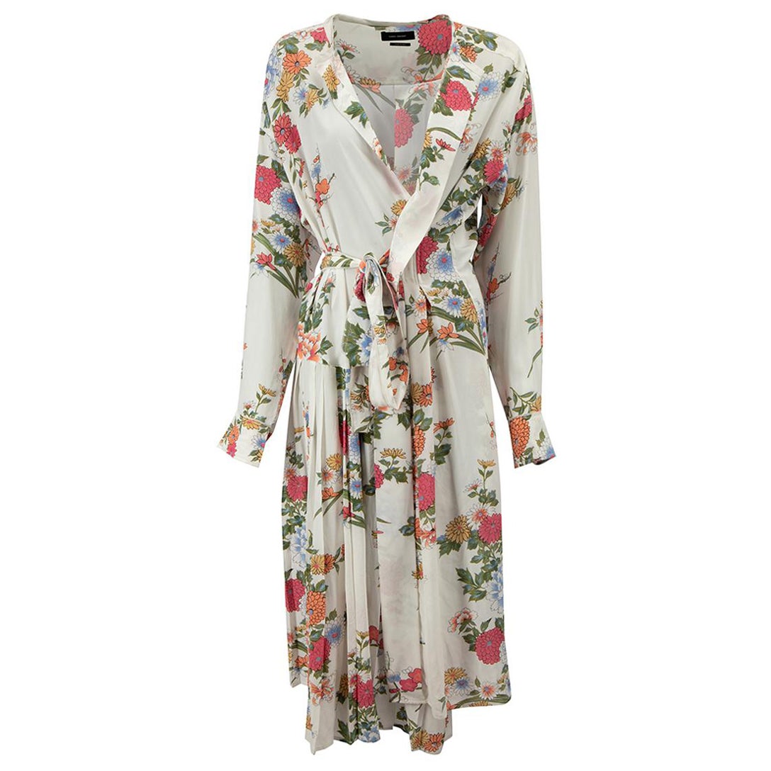 White Floral Print Long Sleeve Silk Wrap Dress Size XS For Sale