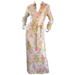 Beautiful 70s Vintage Allover Sequin Long Sleeve Flower Belted Full Length Dress