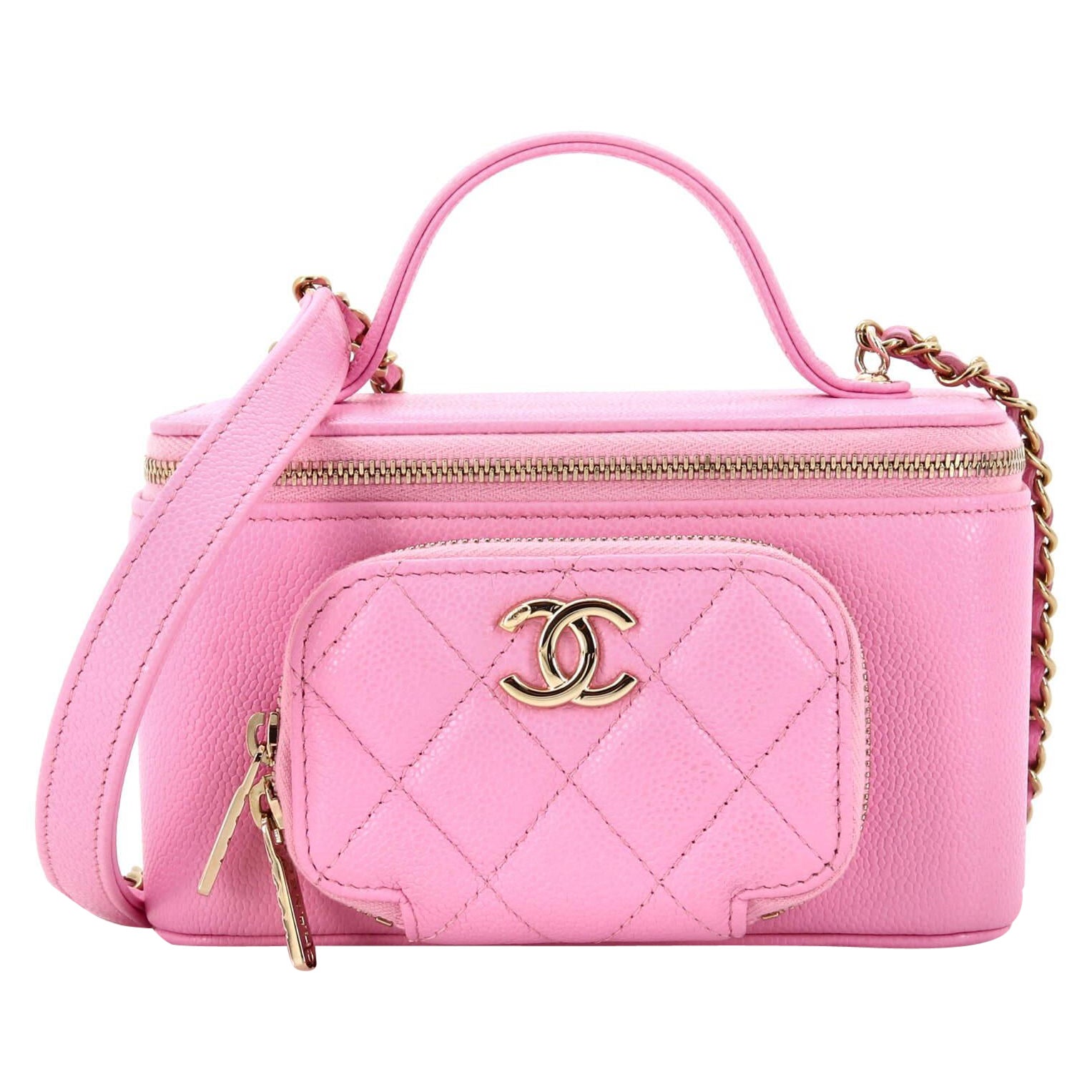 Chanel Business Affinity Top Handle Vanity Case with Chain Quilted Caviar Small For Sale