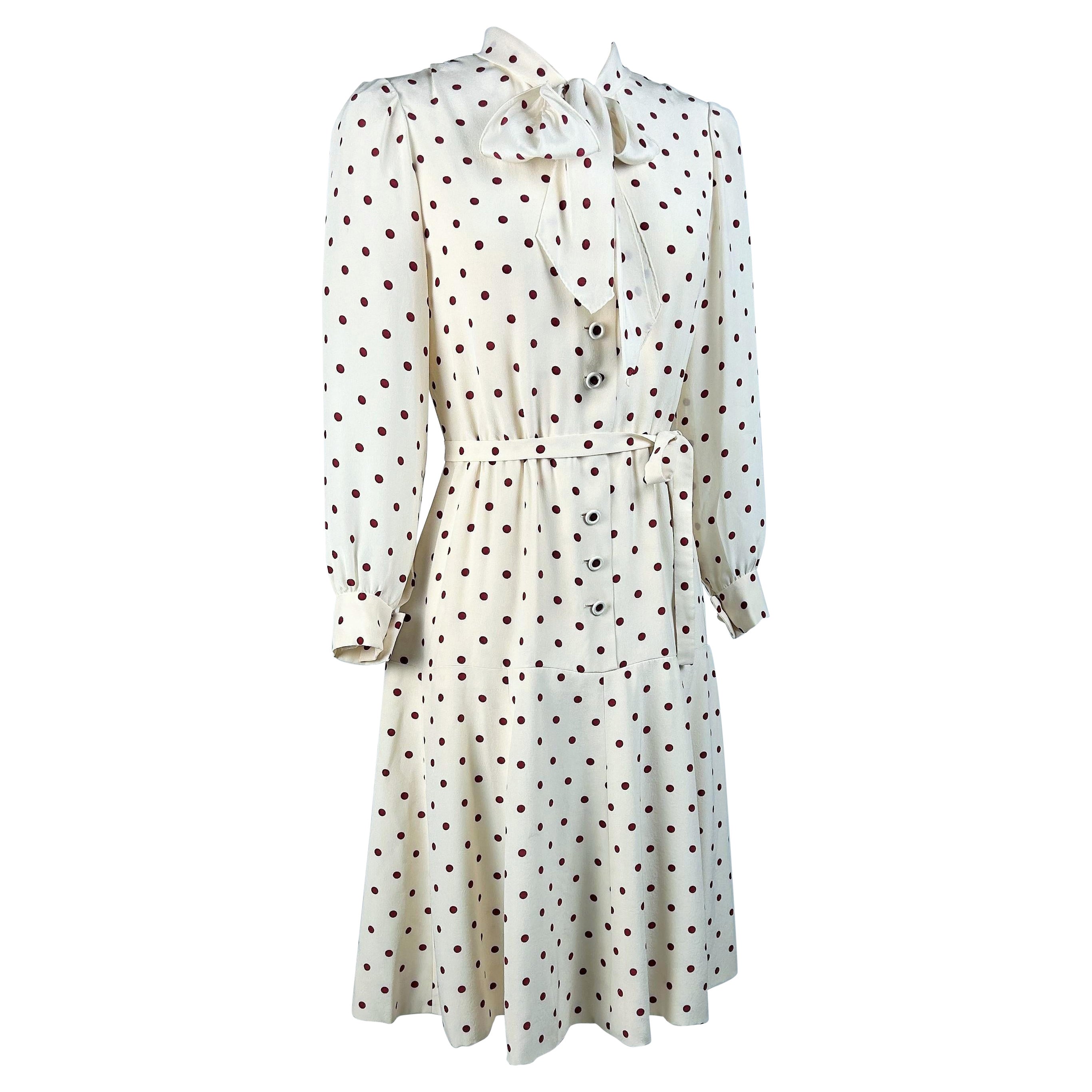 A Polka Dots crepe cocktail dress by Chanel Haute Couture numbered 59644 C. 1975 For Sale