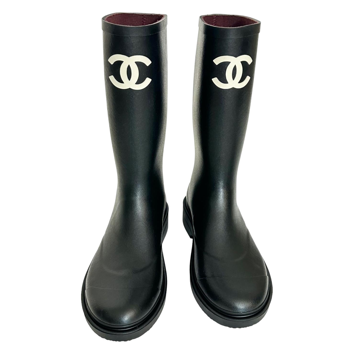 CHANEL Black Rubber Boots Knee High White CC Logo Caoutchouc Sz 38 Runway BNIB