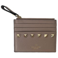 Valentino Beige Rockstud Zip Leather Card Case