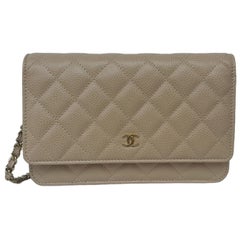 Chanel 2023 NEW Beige Quilted Caviar Leather Wallet On Chain WOC