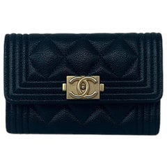 Chanel Black Caviar Leather Quilted Boy Card Holder Wallet Case