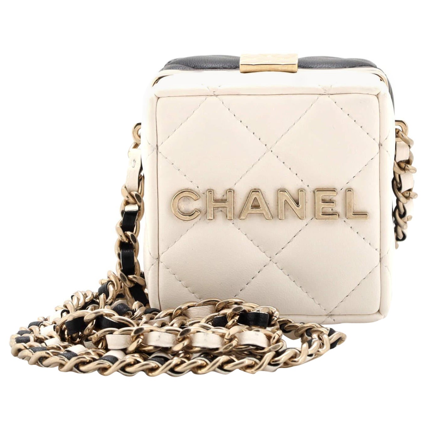 Chanel Logo Box Frame Clutch with Chain Quilted Lambskin Mini at 1stDibs