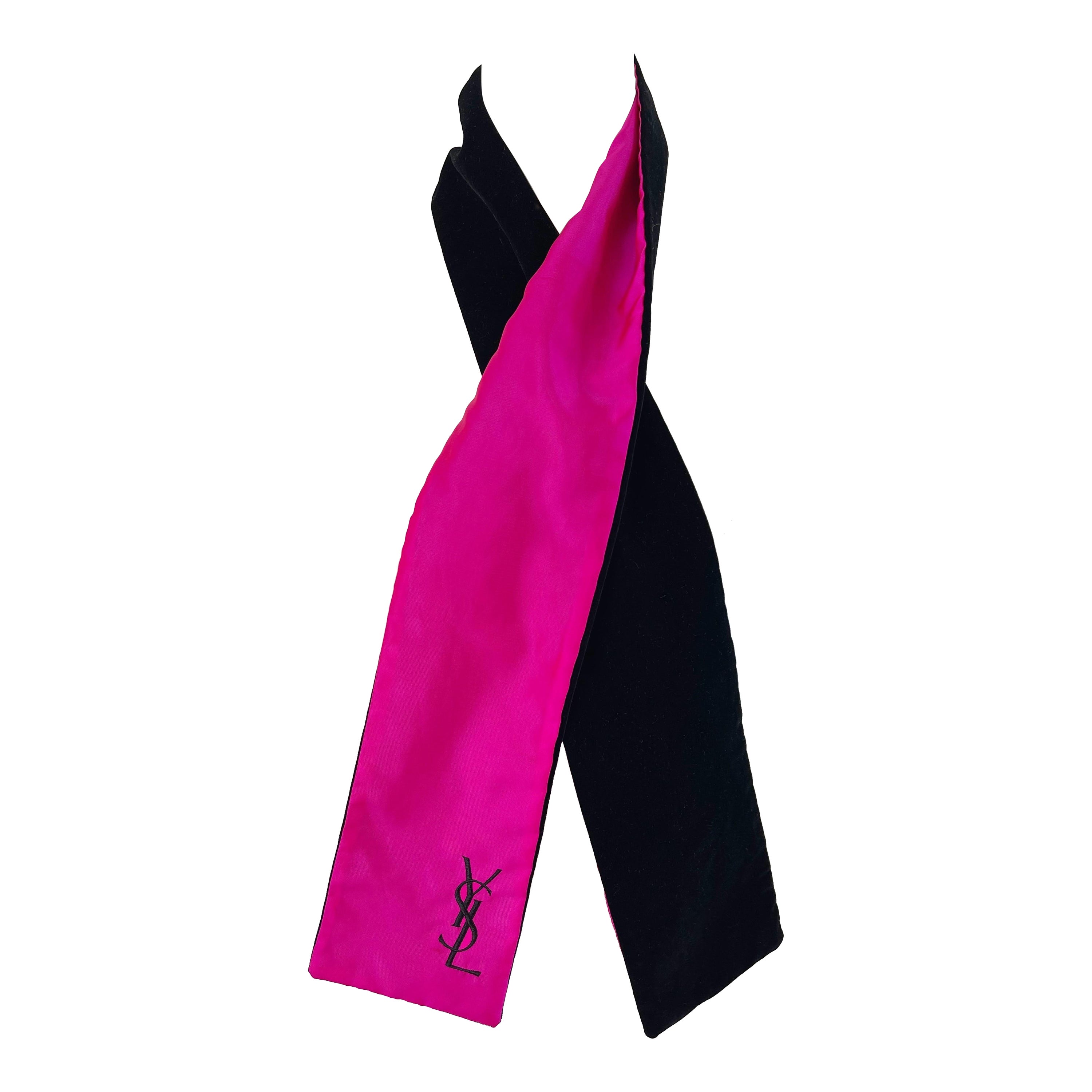 Vintage Yves Saint Laurent Hot Pink Silk Black Velvet Logo YSL Stole Scarf For Sale