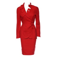 Vintage Thierry Mugler Red Scalloped Neck Wrap Blazer and Skirt Set