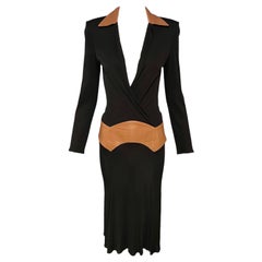 F/W 2001 Gianni Versace by Donatella Black Runway Brown Leather Panel Dress