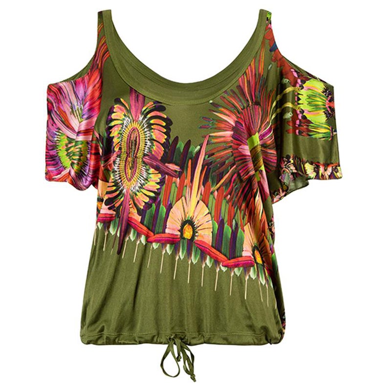 Jean Paul Gaultier Soleil Green Floral Printed Cold Shoulder Top Size XS For Sale