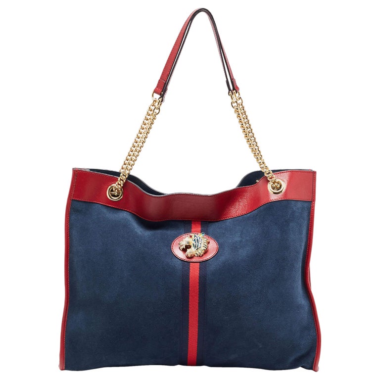 Gucci - Grand sac cabas Rajah en daim et cuir bleu marine/rouge En vente  sur 1stDibs