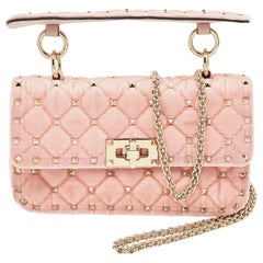 Valentino Pink Quilted Velvet Small Rockstud Spike Top Handle Bag