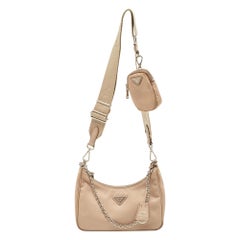 Used Prada Beige Nylon and Leather Re-Edition 2005 Baguette Bag
