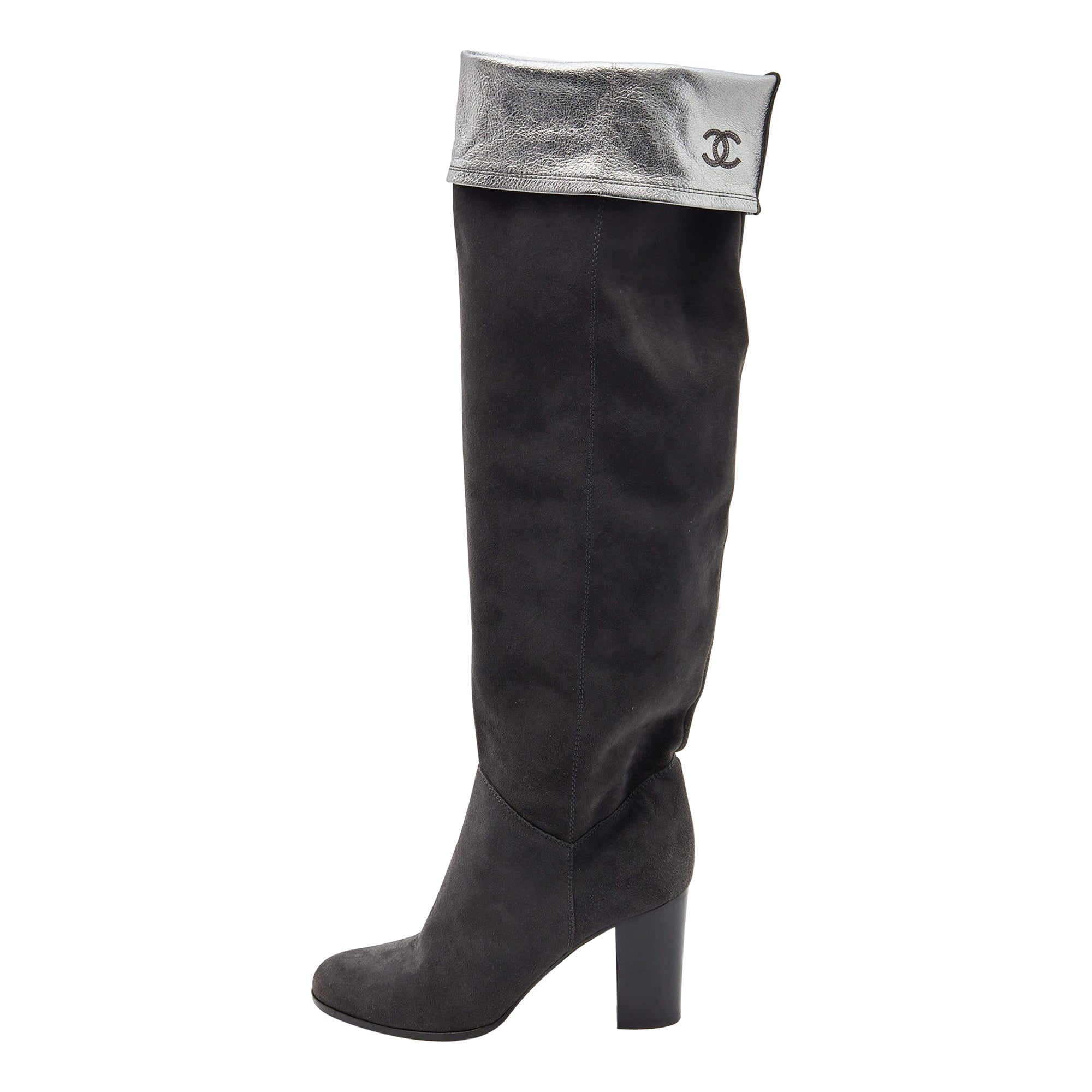 Chanel Grey Suede and Leather Knee Length Boots Size 38.5